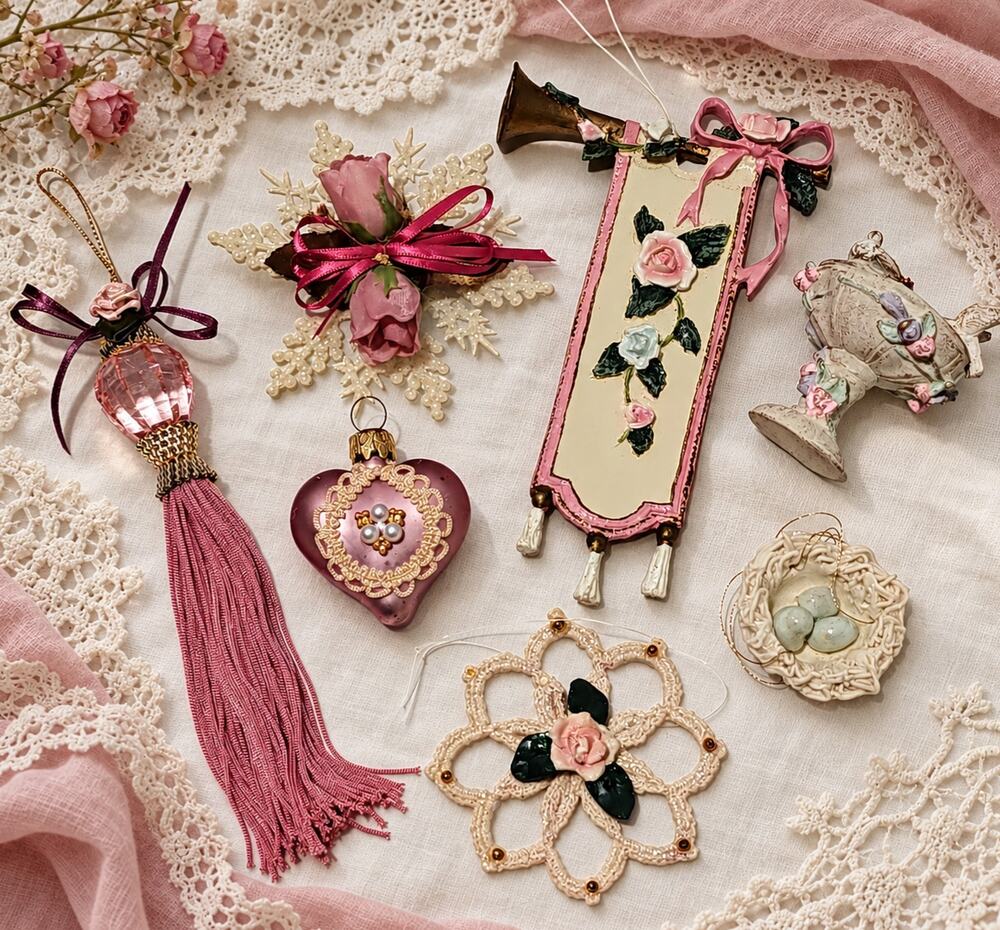 Lot 7 Vintage Christmas Ornaments Pink Coquette Victorian Shabby Chic Romantic